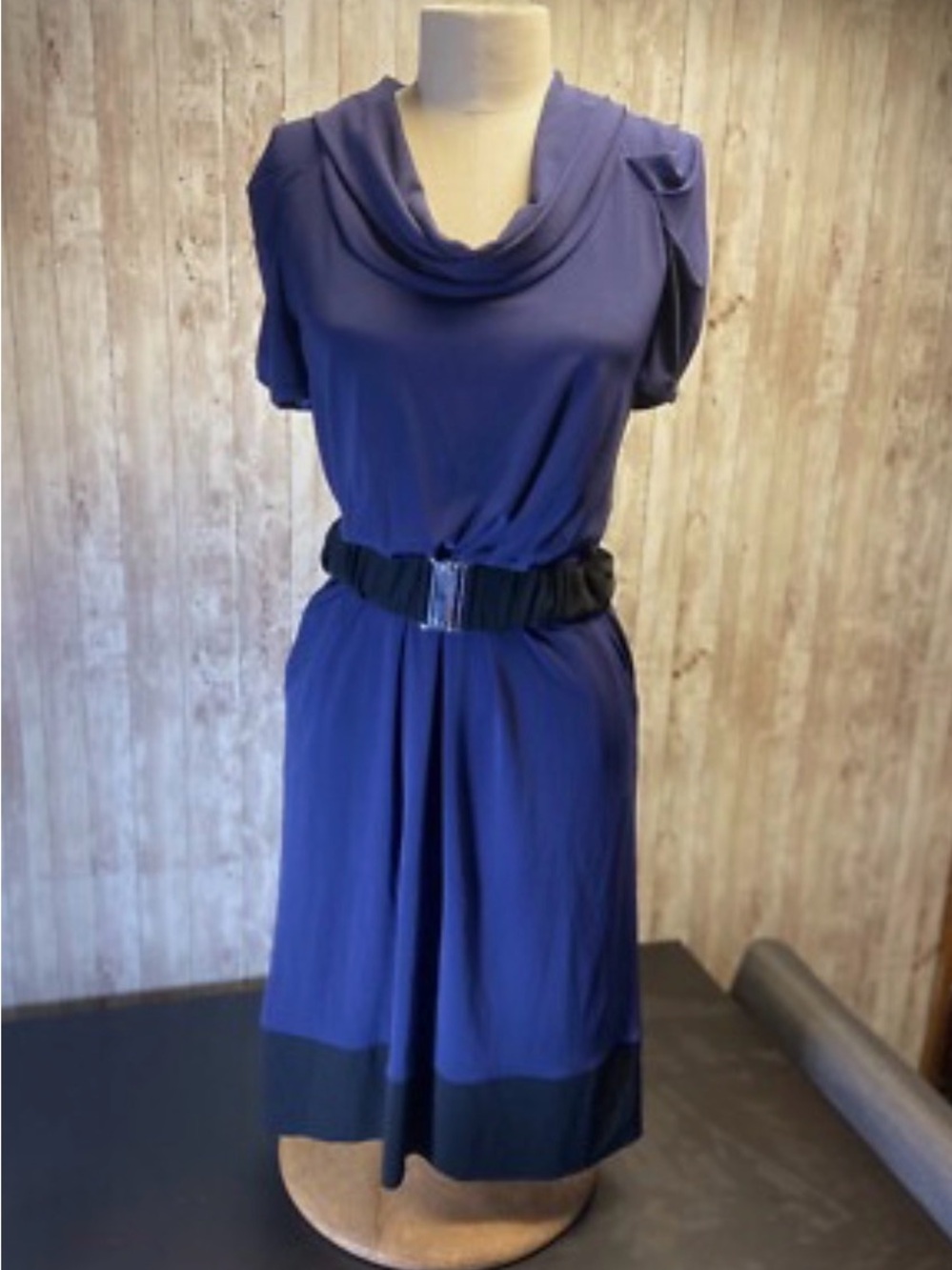 Max and Cleo Cowl Neck Navy Dress with Black Trim
